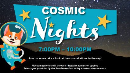 Announcement banner with a space pup for an upcoming Cosmic Nights event on Aug. 30 from 7-10 p.m. at SBCM.