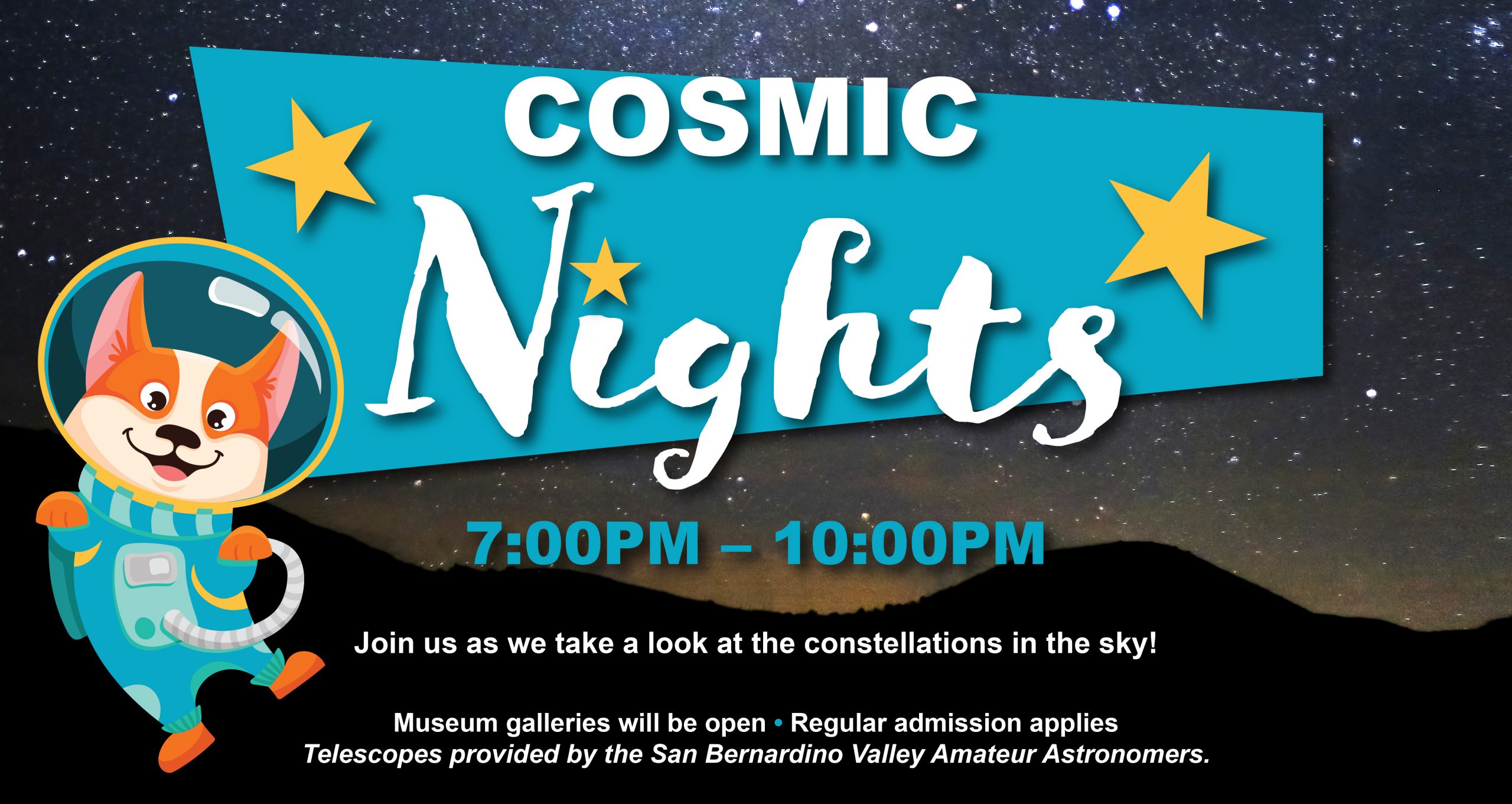 Announcement banner with a space pup for an upcoming Cosmic Nights event on Aug. 30 from 7-10 p.m. at SBCM.