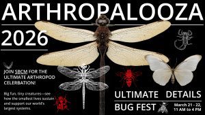 Poster for "Arthropalooza 2026" featuring various arthropods like a dragonfly, butterfly, scorpion, and beetle on a black background.
