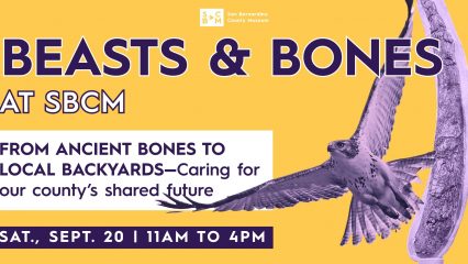 Beasts and Bones event graphic. Includes the name, the location, the subtitle, and the dates, as well as an image of a raptor and ancient bone.