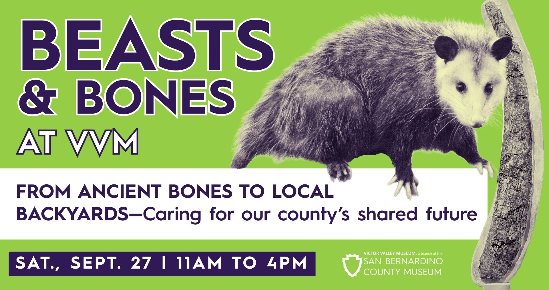 Beasts and Bones event graphic. Includes the name, the location, the subtitle, and the dates, as well as an image of a possum and ancient bone.