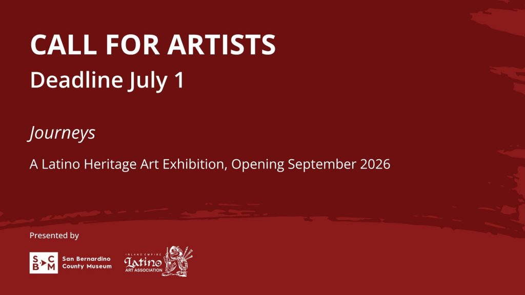 Call for artists poster for “Journeys,” a Latino Heritage art exhibition opening September 2026, with July 3 deadline and museum sponsors.