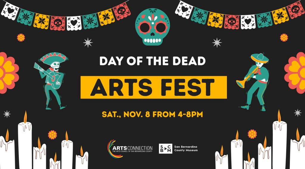 Day of the Dead Arts Fest banner image with flags, sugar skull and candles.