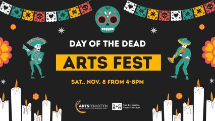 Day of the Dead Arts Fest banner image with flags, sugar skull and candles.