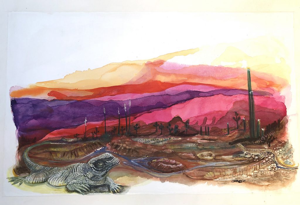 Watercolor desert landscape at sunset with vivid pink, orange, and purple mountains, saguaro cacti, and two detailed lizards in the foreground.
