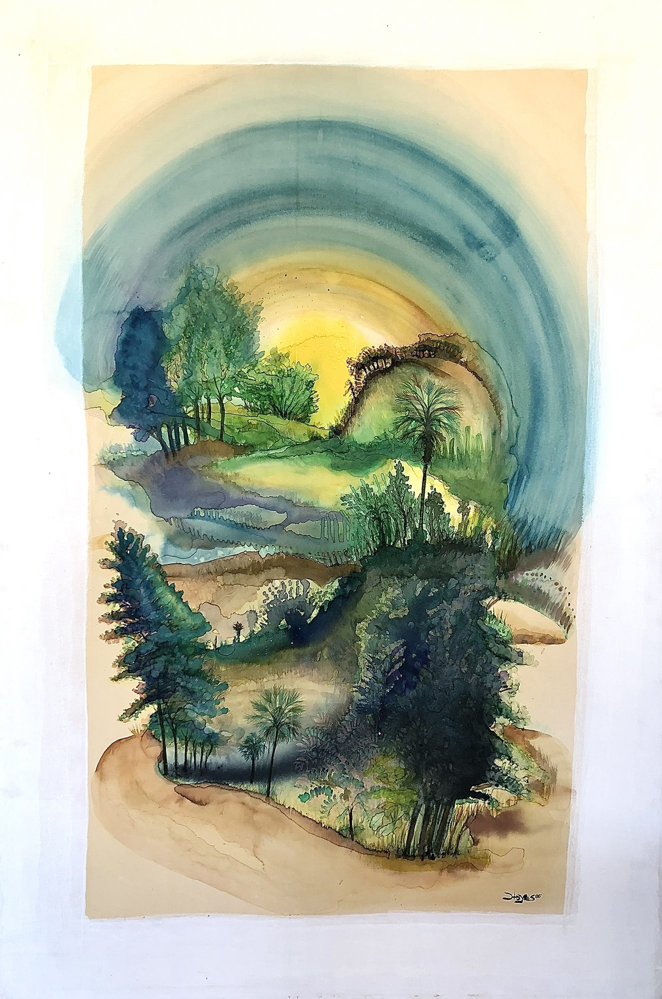 Watercolor landscape with layered green trees and hills beneath a glowing yellow sun, encircled by soft blue arcs forming a tunnel-like sky.
