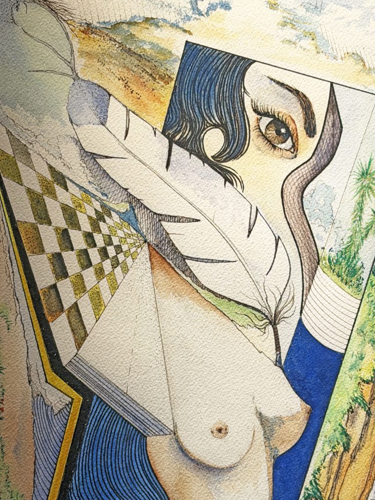 Surrealist watercolor and ink artwork featuring a partial female nude integrated into a collage of abstract and natural elements. A large white feather diagonally crosses the composition, partially obscuring the figure. A prominently framed eye with styled hair peers through a segmented geometric panel. The background includes checkerboard patterns, landscapes, clouds, and tropical foliage, all blending into each other with dreamlike transitions and precise line work. The piece combines realism with abstraction in a layered, imaginative style.