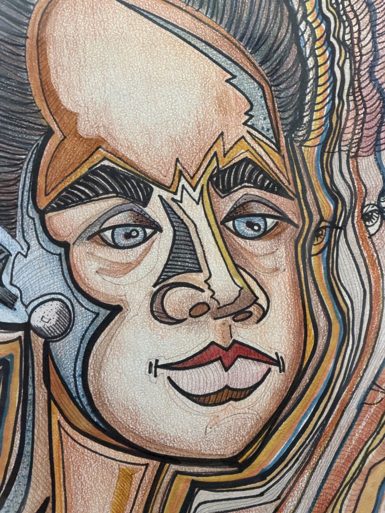 A stylized, abstract portrait drawing of a human face rendered in colored pencil and ink. The artwork uses bold black outlines and geometric shapes to define facial features like the nose, lips, and eyes. The face is asymmetrical, with layered and distorted forms creating a fragmented, multidimensional appearance. Rich earth tones—browns, reds, oranges, and blues—are blended with texture and shading to add depth and motion. One eye is prominently centered while another face partially emerges from the right side, suggesting duality or movement.