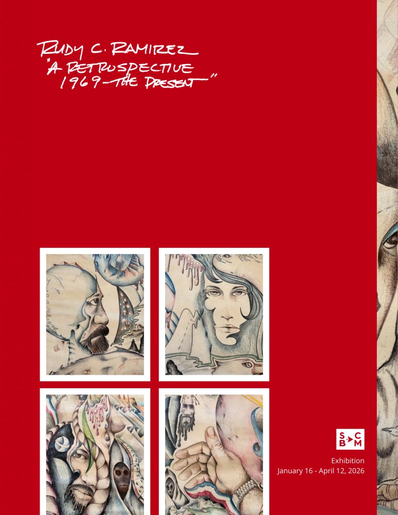 Poster for “Rudy C. Ramirez: A Retrospective, 1969–The Present,” featuring a red background with handwritten-style title text at the top and four surrealist pencil and ink drawings arranged in a grid near the bottom.