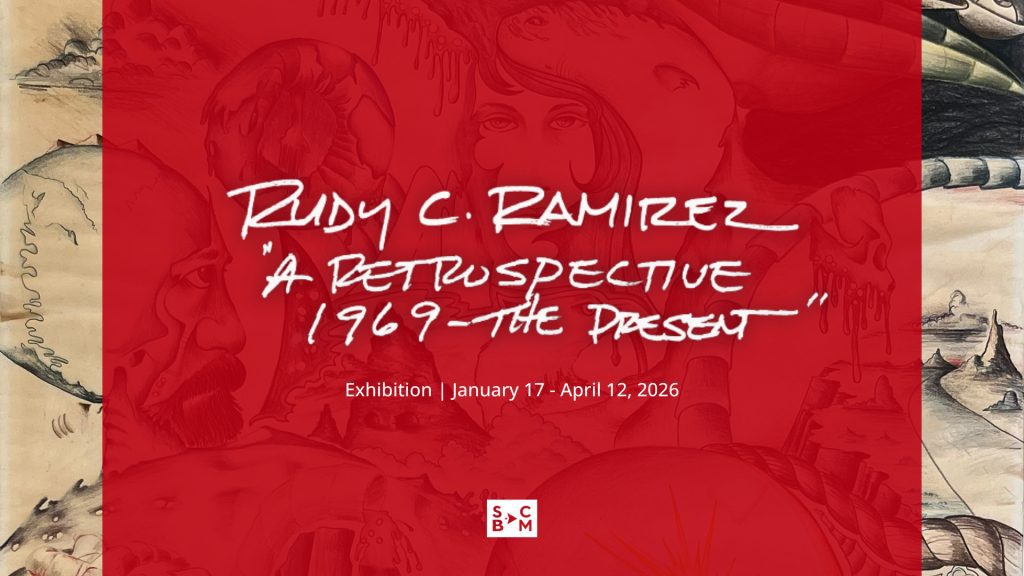 Promotional graphic for "Rudy C. Ramirez: A Retrospective, 1969–The Present" art exhibition, featuring surreal, hand-drawn illustrations in the background and red overlay with white handwritten-style text.