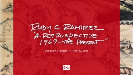 Promotional graphic for "Rudy C. Ramirez: A Retrospective, 1969–The Present" art exhibition, featuring surreal, hand-drawn illustrations in the background and red overlay with white handwritten-style text.