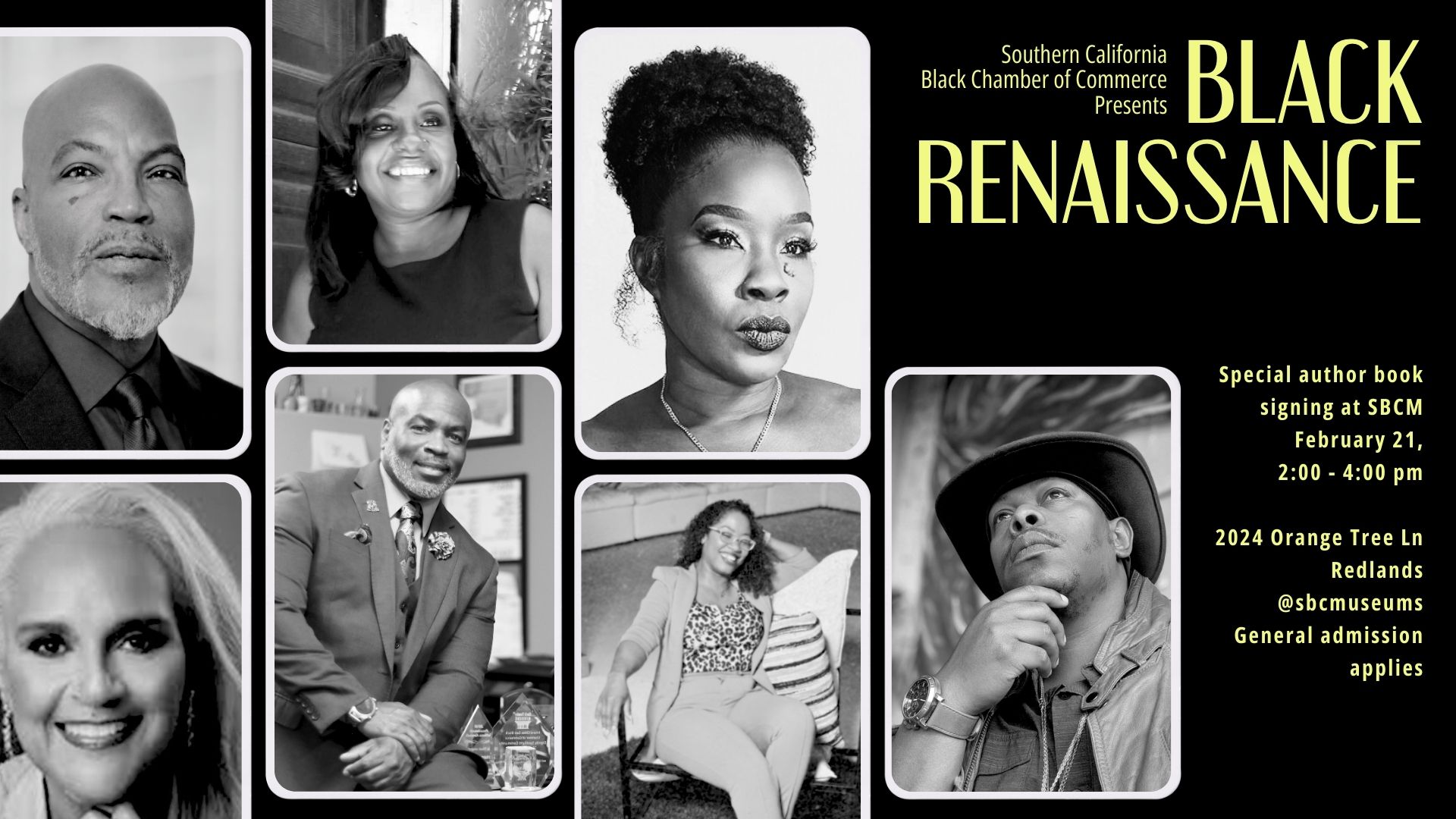 Black Renaissance book signing event poster featuring six black-and-white author portraits and event details.