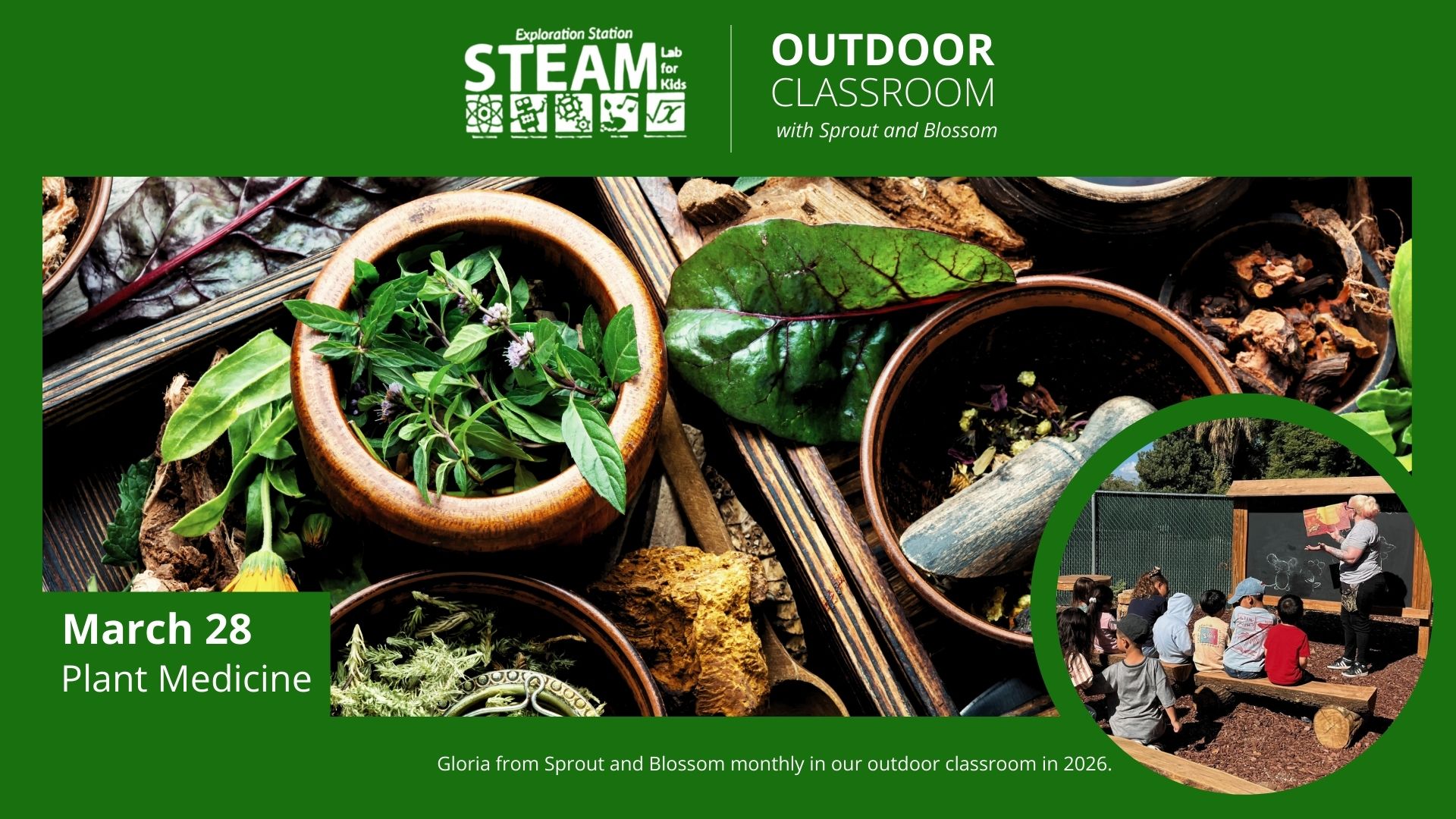 Graphic for STEAM Lab Outdoor Classroom featuring bowls of herbs and plants with children learning outdoors with a teacher.