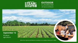 Outdoor Classroom flyer showing a large green farm field under a blue sky for the September 12 agriculture-themed event.