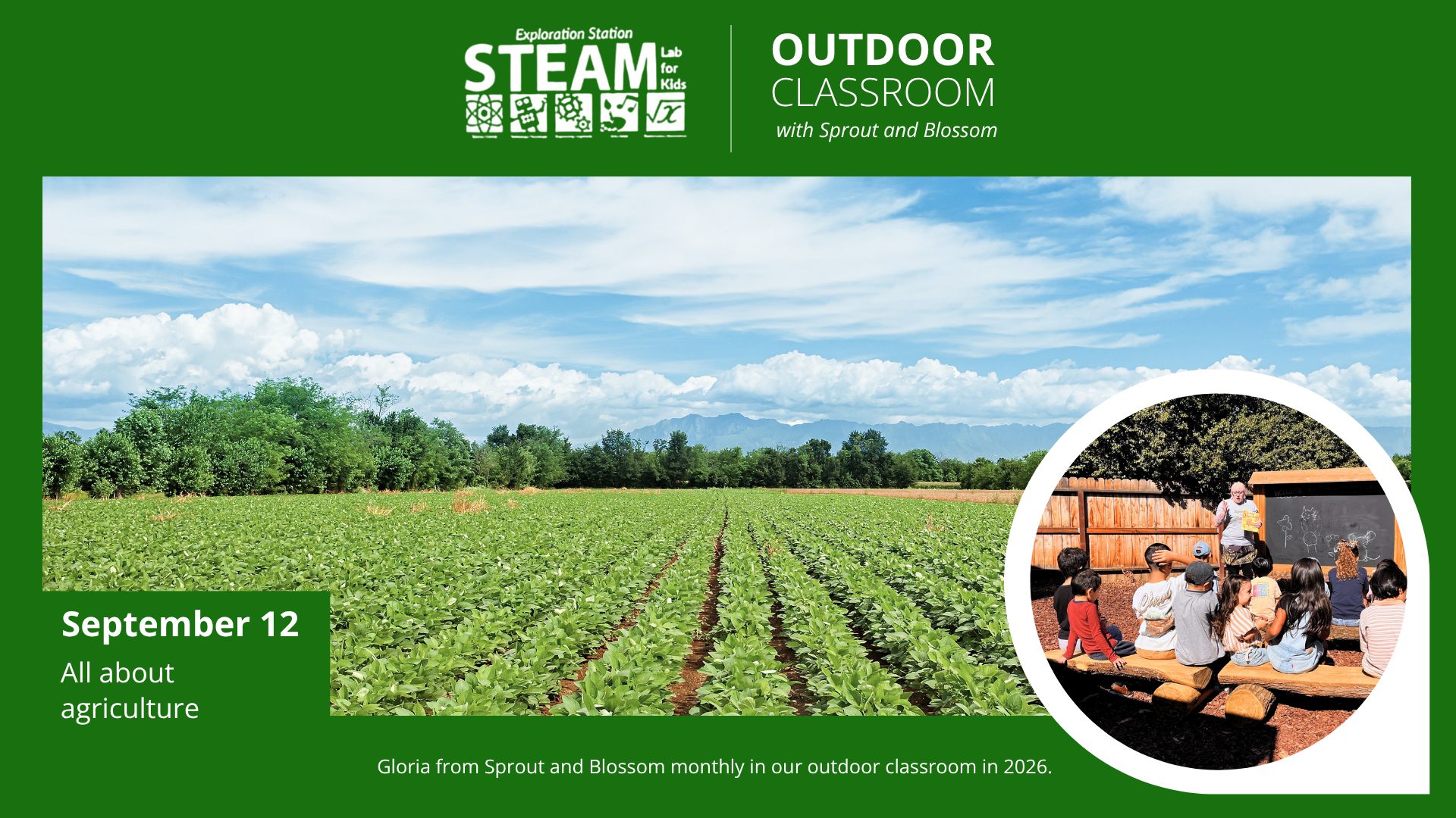 Outdoor Classroom flyer showing a large green farm field under a blue sky for the September 12 agriculture-themed event.