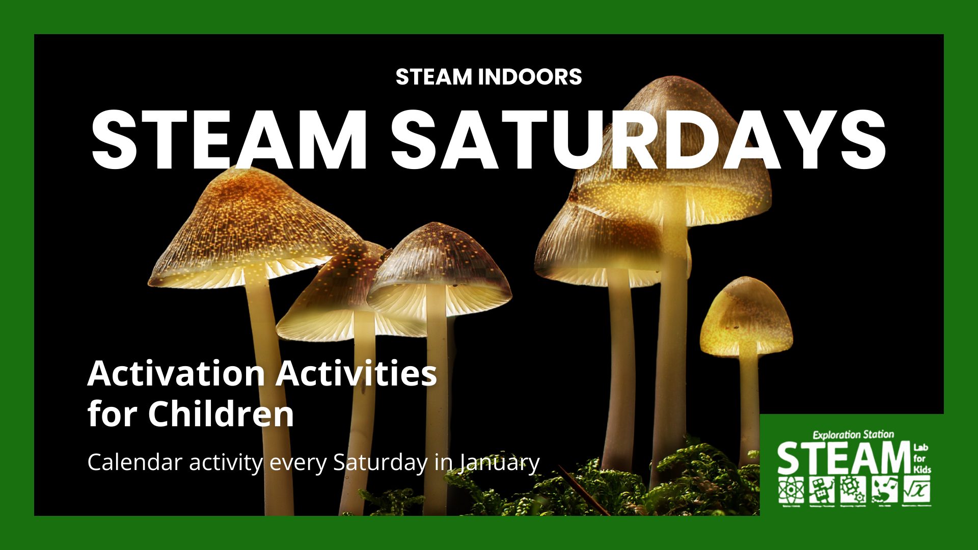 Promotional graphic for “STEAM Saturdays” featuring glowing mushrooms against a black background with text about children’s indoor STEAM activities in January.