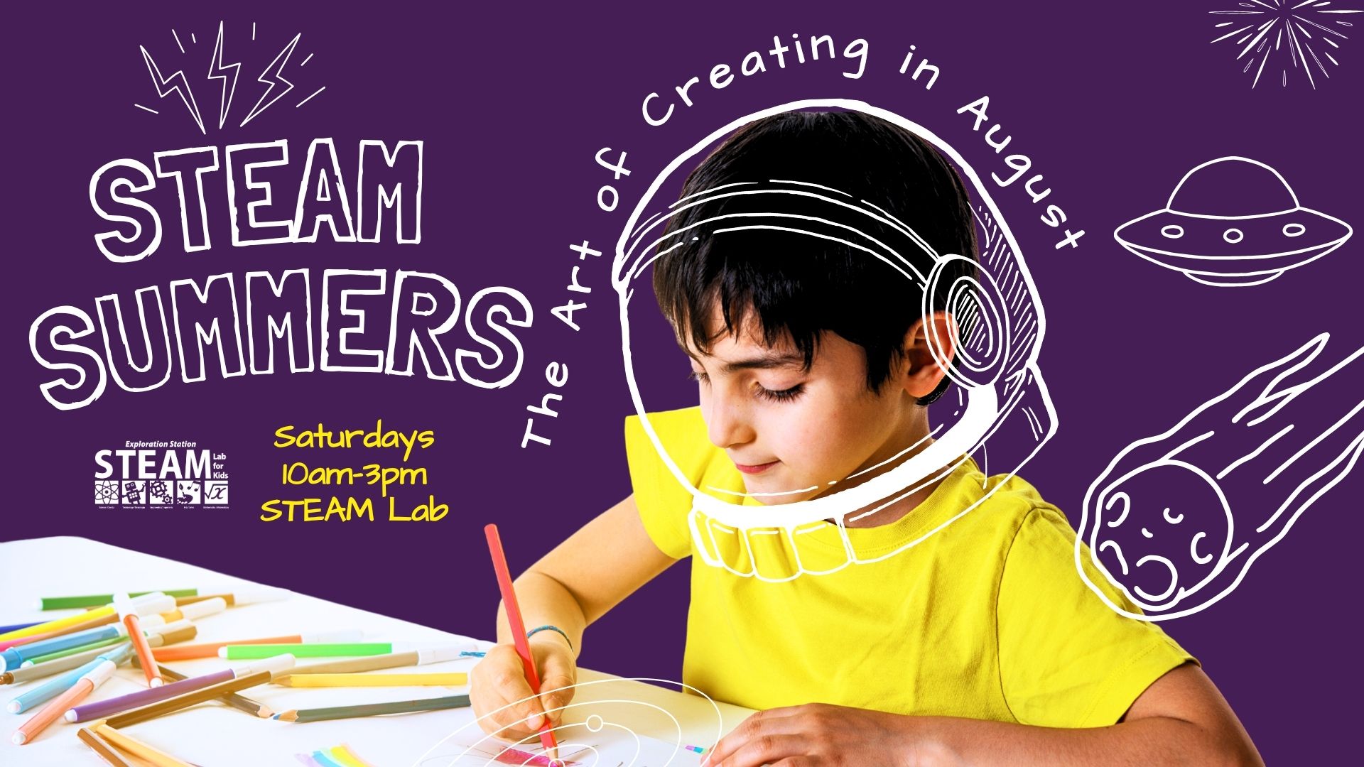 Promotional graphic for STEAM summer programs with kids experimenting, drawing, and learning, plus event times, locations, and whimsical icons.