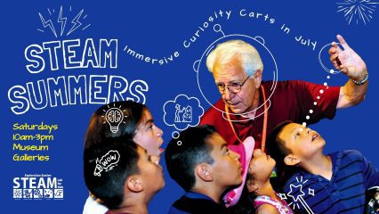 Bright summer camp poster featuring children exploring science, art, and discovery, with “STEAM Summers,” schedules, and fun illustrated elements.