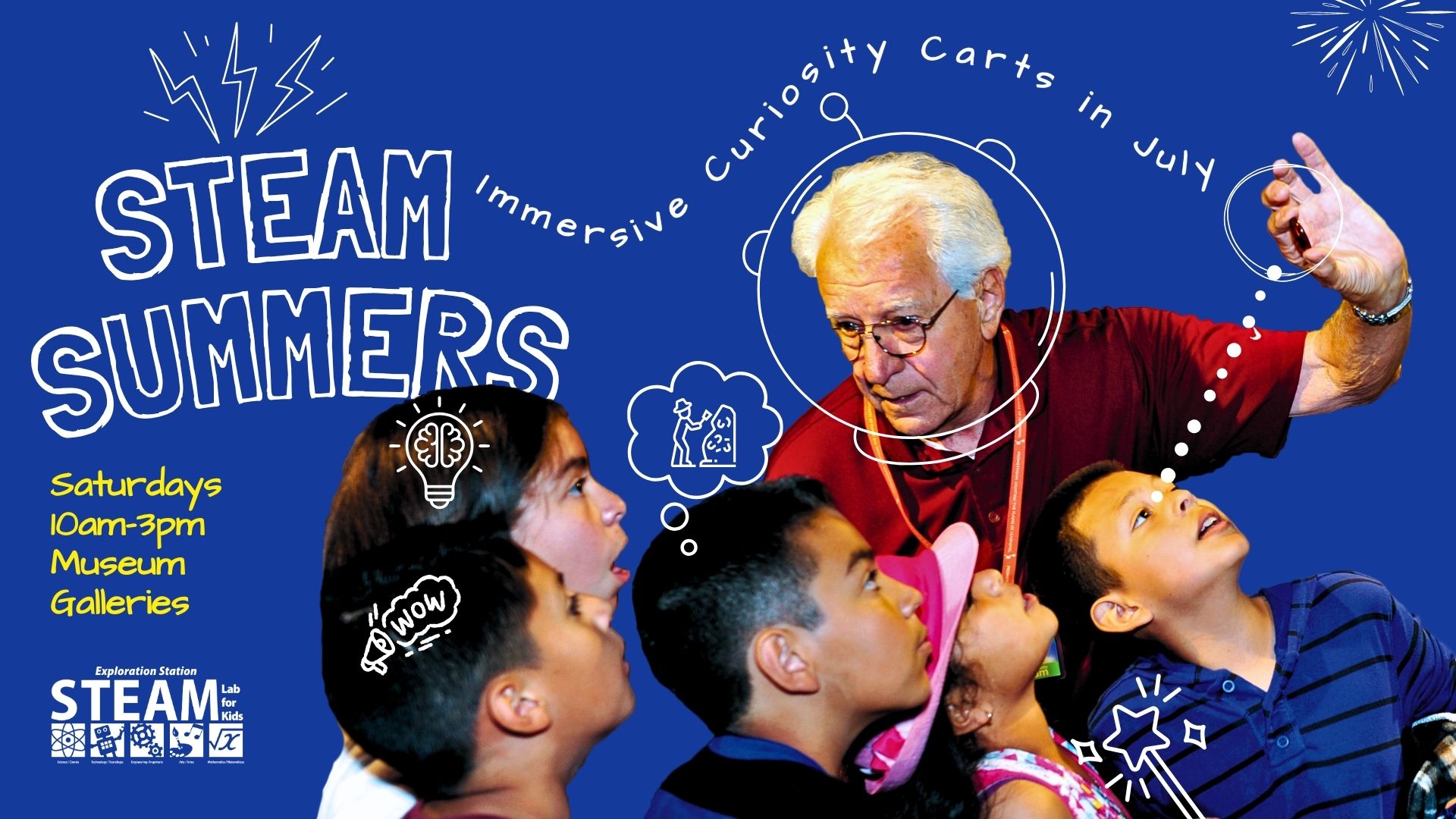 Bright summer camp poster featuring children exploring science, art, and discovery, with “STEAM Summers,” schedules, and fun illustrated elements.