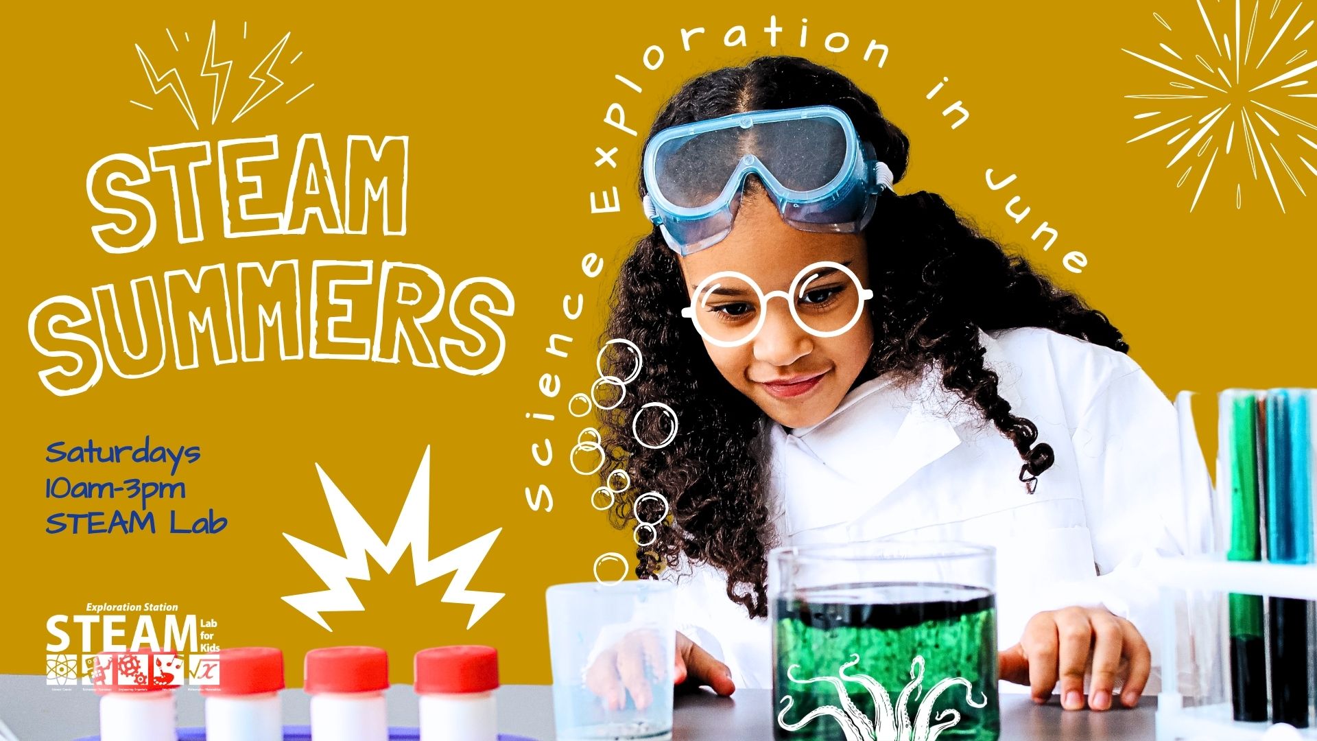 Colorful “STEAM Summers” promo showing kids doing science experiments, art, and museum activities, with dates, times, and playful doodle graphics.