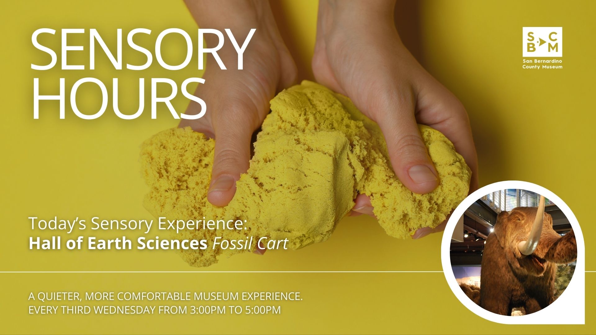 Sensory Hours promotion with hands holding yellow sensory sand and a Hall of Earth Sciences fossil cart display.