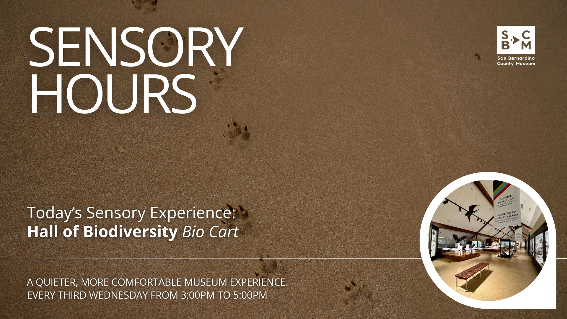 Sensory Hours graphic with sandy background and animal tracks, featuring the Hall of Biodiversity Bio Cart at San Bernardino County Museum.