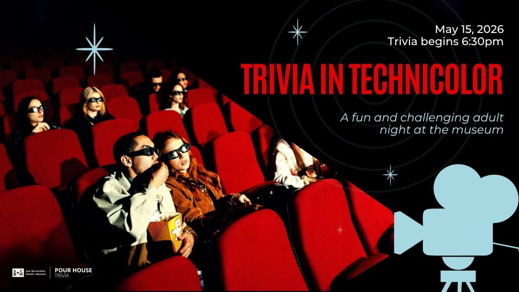 People wearing 3D glasses sit in red theater seats watching a film, promoting “Trivia in Technicolor” on May 15, 2026 at 6:30pm, museum event.