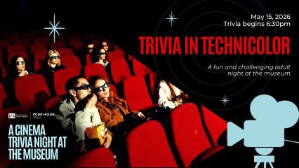 People wearing 3D glasses sit in red theater seats watching a film; poster text promotes “Trivia in Technicolor” cinema trivia night at a museum.