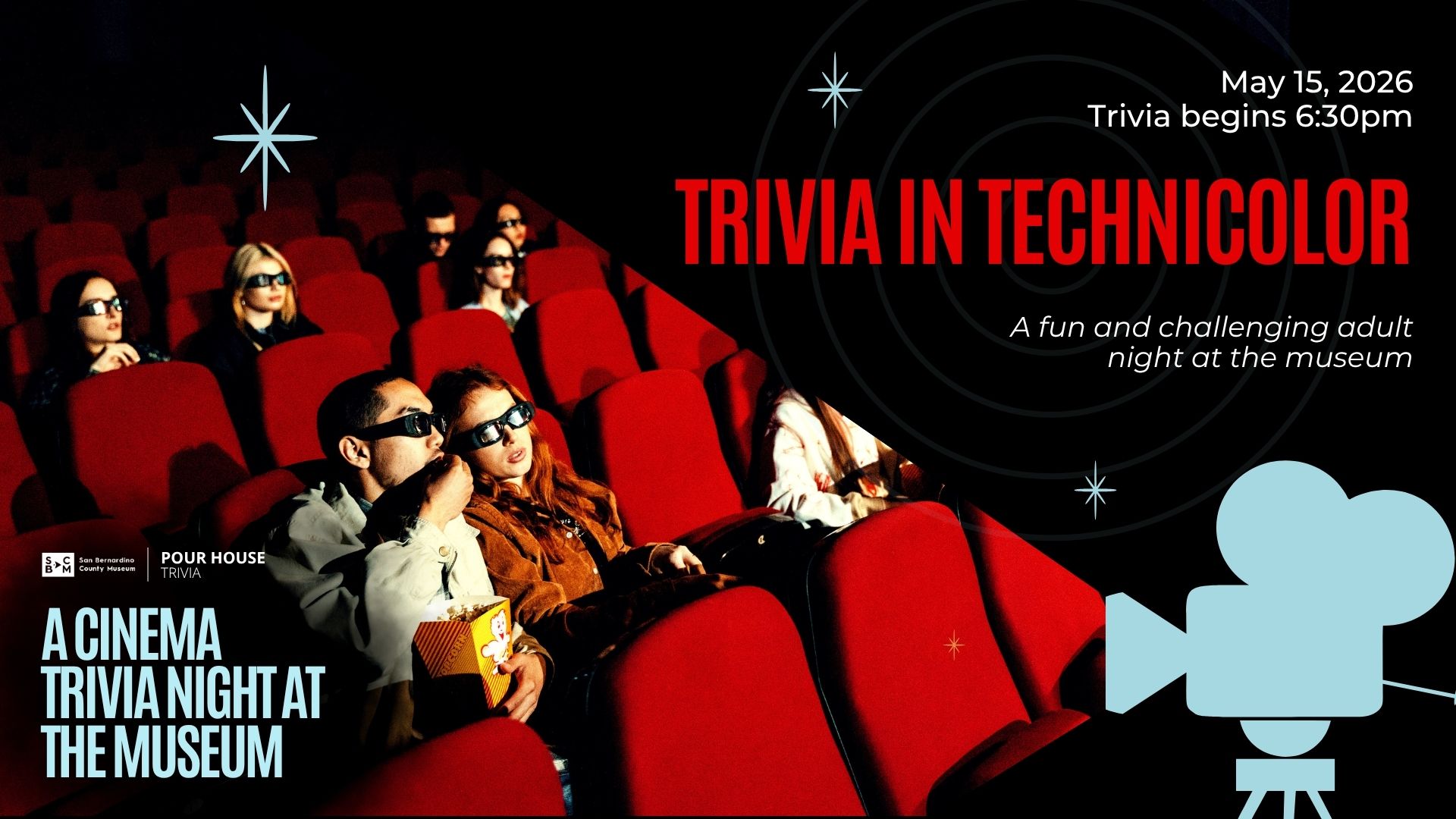 People wearing 3D glasses sit in red theater seats watching a film; poster text promotes “Trivia in Technicolor” cinema trivia night at a museum.