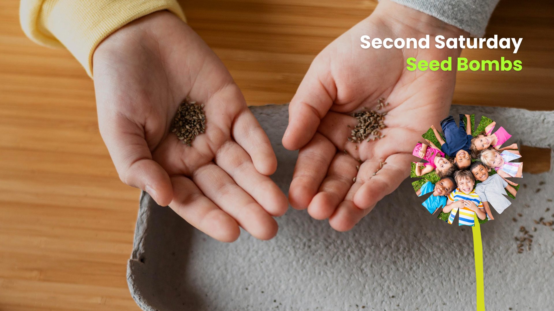Hands holding small seeds above a tray for a Second Saturday “Seed Bombs” activity promoting a hands-on kids nature program.