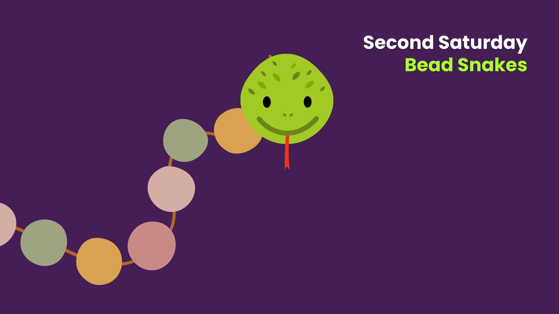 Colorful bead snake craft with a smiling green head and round beads on a purple background for a “Second Saturday” activity.