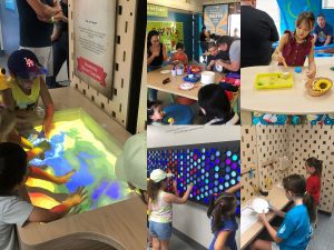 A collage of kids joyfully playing with various STEAM interactives, showcasing their creativity and fun moments together.