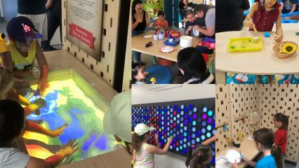 A collage of kids joyfully playing with various STEAM interactives, showcasing their creativity and fun moments together.