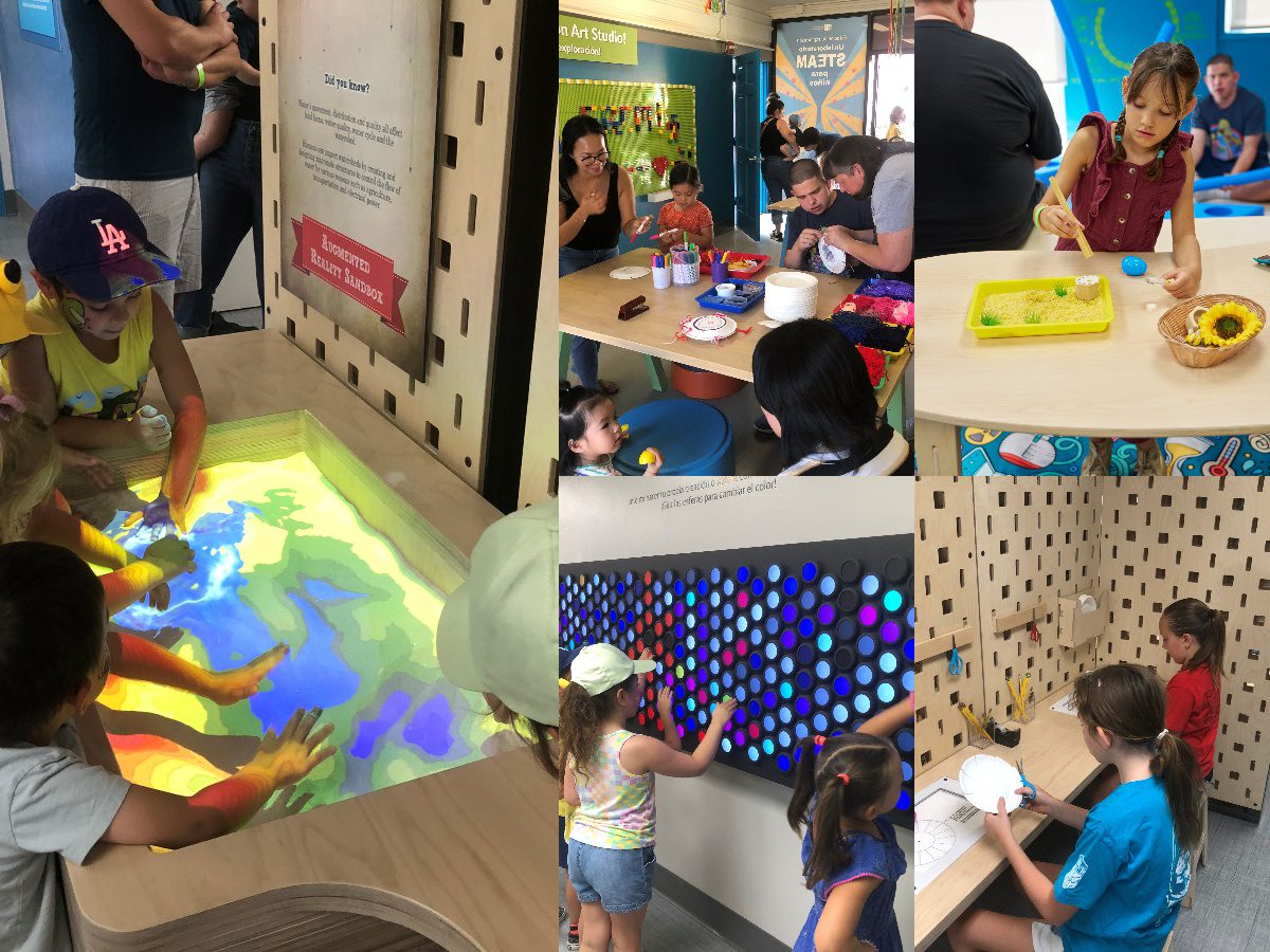 A collage of kids joyfully playing with various STEAM interactives, showcasing their creativity and fun moments together.