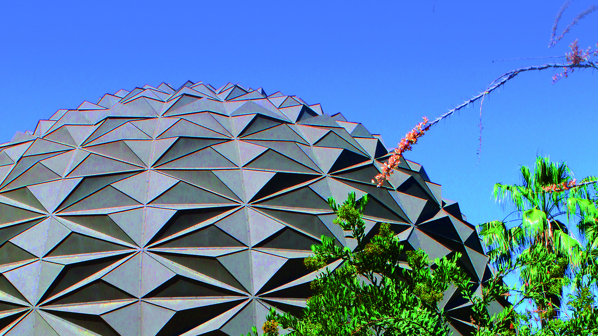 Geometric dome rising above desert plants and palm trees under a bright blue sky at Epcot in Walt Disney World.